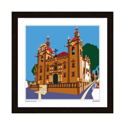 Quadro decorativo com pintura digital de edifício histórico em tons castanhos e céu azul