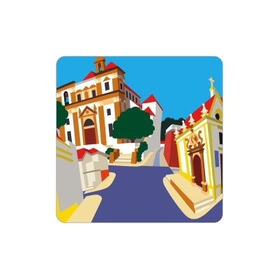 Ilustração de rua com edifícios históricos e árvores sob céu azul