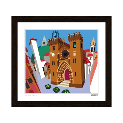 Ilustração digital de castelo com torres castanhas e casas coloridas emoldurada com moldura escura