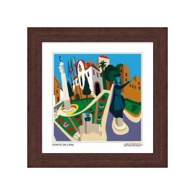 Quadro decorativo em madeira com ilustração colorida de Ponte de Lima