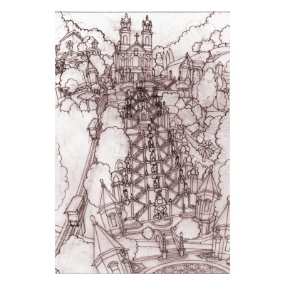 Desenho a preto e branco de escadaria de madeira com árvores e igreja ao fundo