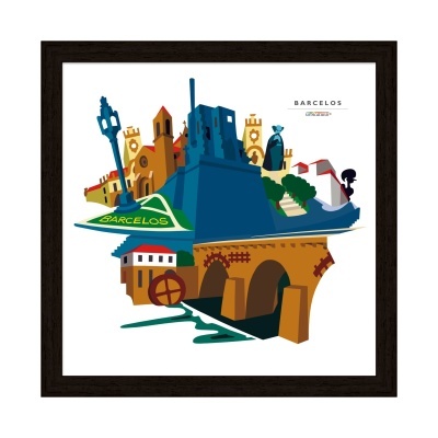 Quadro ilustrativo colorido representando monumentos de Barcelos com moldura preta.