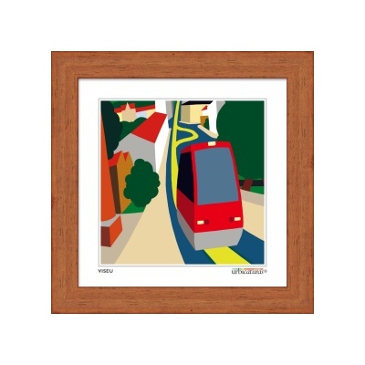 Quadro com moldura de madeira e imagem estilizada de elétrico colorido