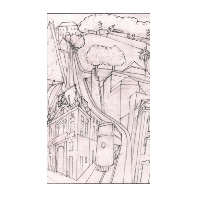 Desenho a lápis de cidade com comboio e árvores