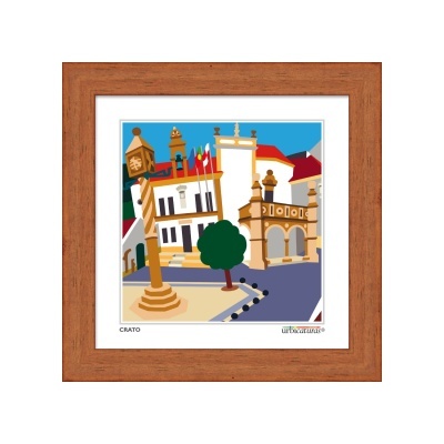 Imagem estilizada de praça histórica com colunas e bandeiras em moldura de madeira