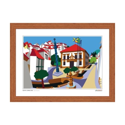 Ilustração colorida de praça com edifícios e elementos urbanos em moldura de madeira castanho.