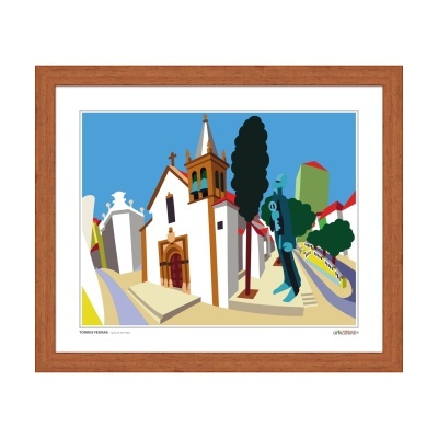 Gravura colorida em moldura de madeira mostrando edifícios e figuras estilizadas