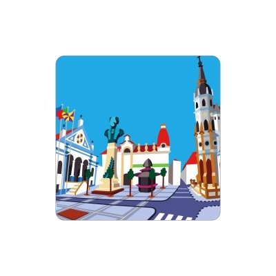 Ilustração de praça colorida com torre e estátua