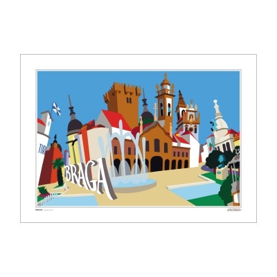 Ilustração colorida de edifícios históricos de Braga com a palavra BRAGA e uma fonte de água