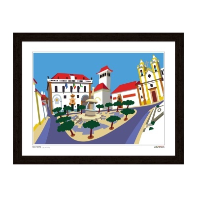 Gravura colorida de praça central com fonte, árvores e edifícios com telhados vermelhos