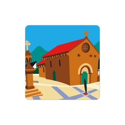 Ilustração de igreja com telhado vermelho e portas verdes, chão com azulejos, cruz e colunas, montanhas ao fundo.