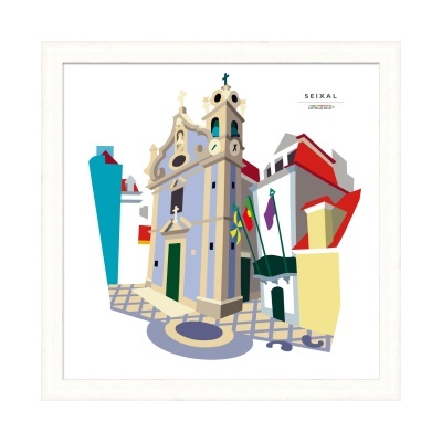 Quadro ilustrativo colorido de edifícios e igreja com torre de relógio e texto SEIXAL LUÍS CABRITA