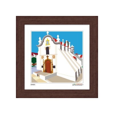 Imagem digital de arte colorida de igreja branca com porta castanha e céu azul em moldura castanha