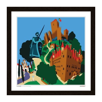 Ilustração gráfica de castelo e estátua com moldura preta