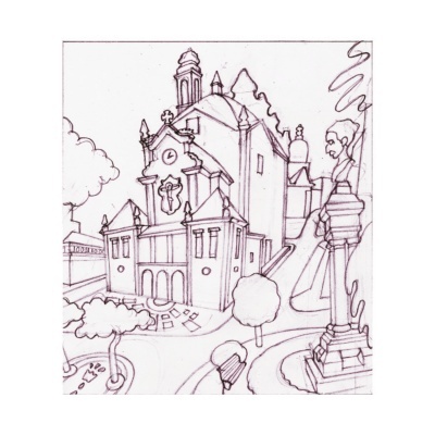 Desenho a preto e branco de uma igreja, árvores e estátua num pedestal