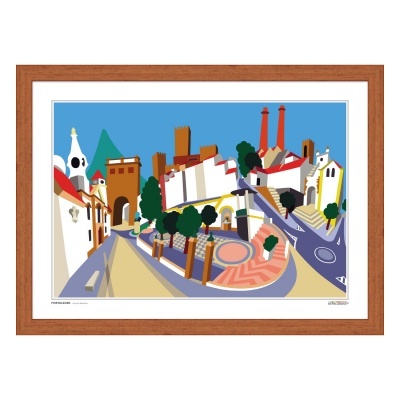 Quadro artístico de paisagem urbana com edifícios e árvores em várias cores