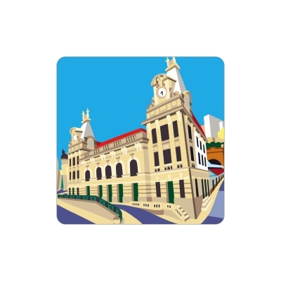 Ilustração de edifício clássico amarelo com torres e janelas arqueadas