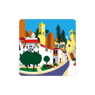 Ilustração colorida de uma cidade com edifícios, árvores e torre de relógio.