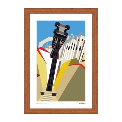 Quadro com imagem estilizada de estrutura preta e edifícios coloridos ao fundo.