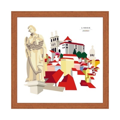 Imagem digital artística de Lisboa com estátua e casas coloridas, moldura de madeira.