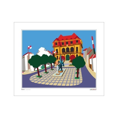 Ilustração digital de praça com árvores e um edifício amarelo