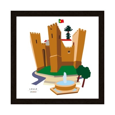 Ilustração gráfica de castelo castanho com torreões, bandeira, árvores e fonte azul em moldura preta