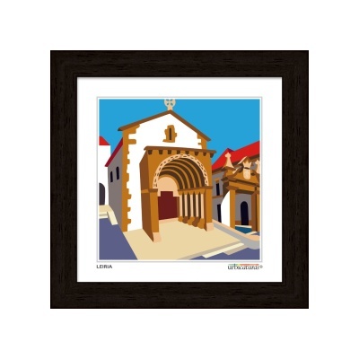 Quadro com imagem estilizada de edifício histórico de Leiria com arco e telhados vermelhos