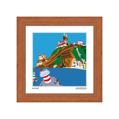 Ilustração de farol e colina com edifícios em moldura castanha