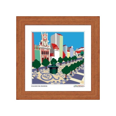 Ilustração colorida de uma praça urbana com árvores e edifícios emoldurada em madeira.