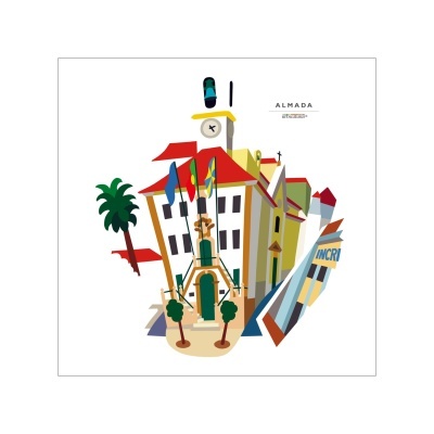 Ilustração vetorial de edifício com relógio e elementos gráficos coloridos com texto Almada