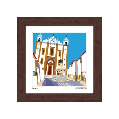 Quadro com ilustração da igreja de Évora e fonte, moldura castanha em madeira