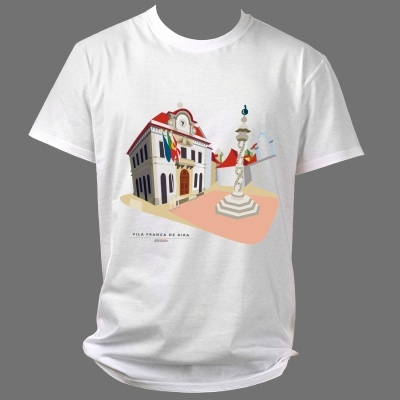 T-shirt branca com estampa colorida de edifício histórico e texto VILA FRANCA DE XIRA