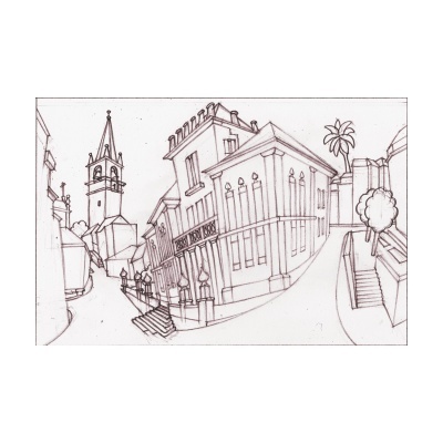 Desenho a preto e branco de rua com edifícios clássicos, igreja com torre, árvores e escadas