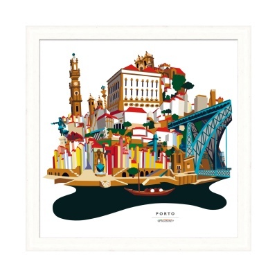 Ilustração colorida da cidade do Porto com edifícios, torre, ponte e rio emoldurada