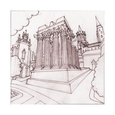 Desenho a lápis de um edifício com colunas clássicas e outras construções de fundo