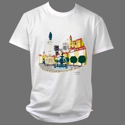 T-shirt branca com estampa de monumentos de Lisboa.