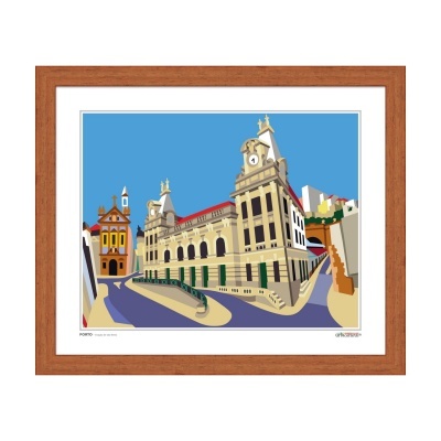 Ilustração estilizada de edifício antigo com relógio em moldura de madeira