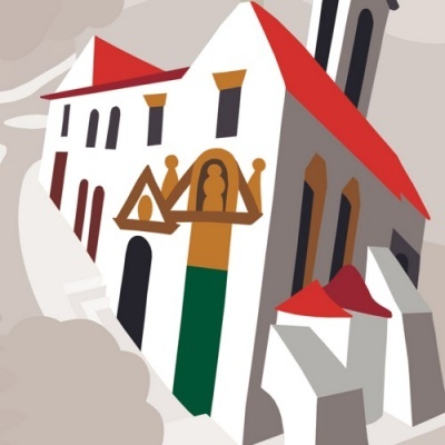 Ilustração de edifício com telhado vermelho e paredes brancas em estilo abstrato