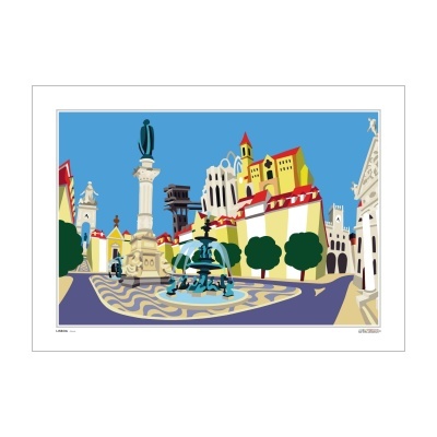 Ilustração de praça com fonte e edifícios coloridos ao fundo.