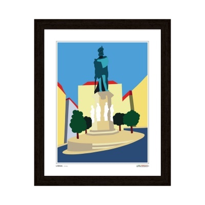 Imagem gráfica colorida de estátua e edifícios em Lisboa com moldura preta