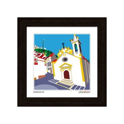 Ilustração estilizada de igreja branca com detalhes amarelos e telhado vermelho, em moldura preta