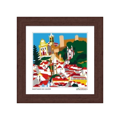 Ilustração colorida da cidade de Santiago do Cacém em quadro com moldura castanha