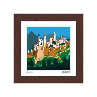 Pintura colorida de vila muralhada VALENÇA em moldura de madeira castanha