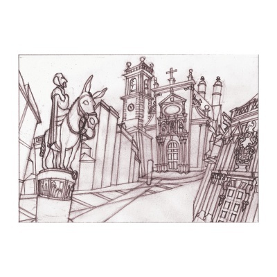 Desenho a lápis de rua com estátua de cavaleiro e igreja ao fundo