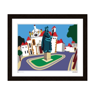 Quadro decorativo com estátua de cavaleiro estilizada em ambiente urbano colorido