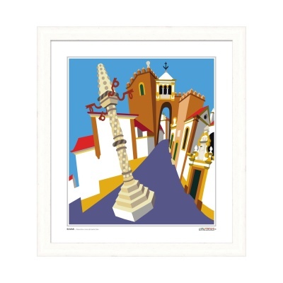 Ilustração colorida de rua com coluna cinza e edifícios coloridos