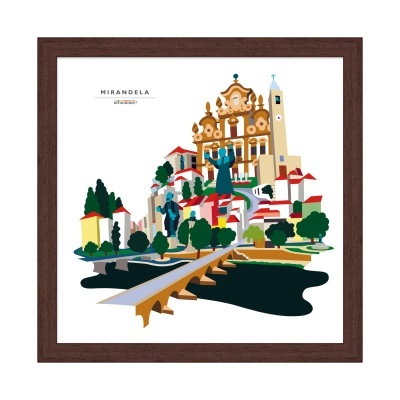 Ilustração colorida da cidade de Mirandela com texto MIRANDELA