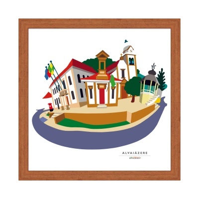 Ilustração colorida de edifícios em Alvaiázere dentro de moldura de madeira
