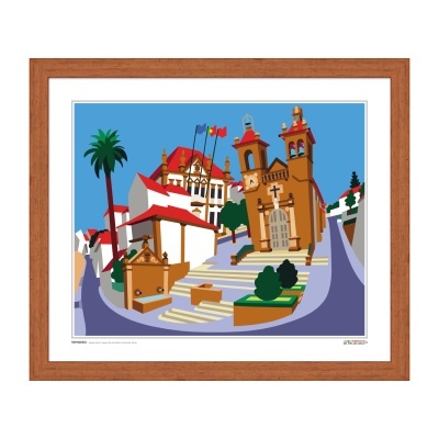 Ilustração digital colorida de igreja e praça com moldura de madeira