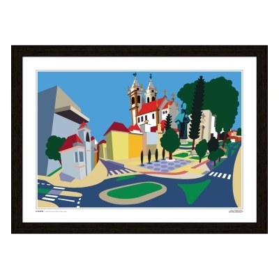 Ilustração digital colorida de paisagem urbana com casas e igreja embalada em moldura preta